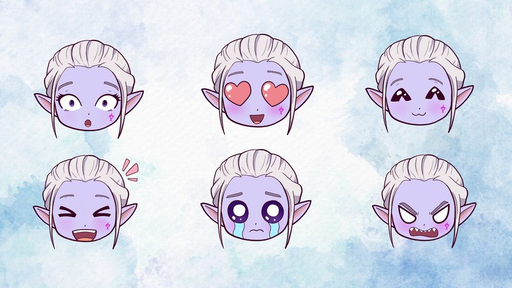 Original hand drawn emojis (surprised, love, happy, laughing, sad, and angry) for my avatar, created by the amazingly talented @azureroseart.bsky.social