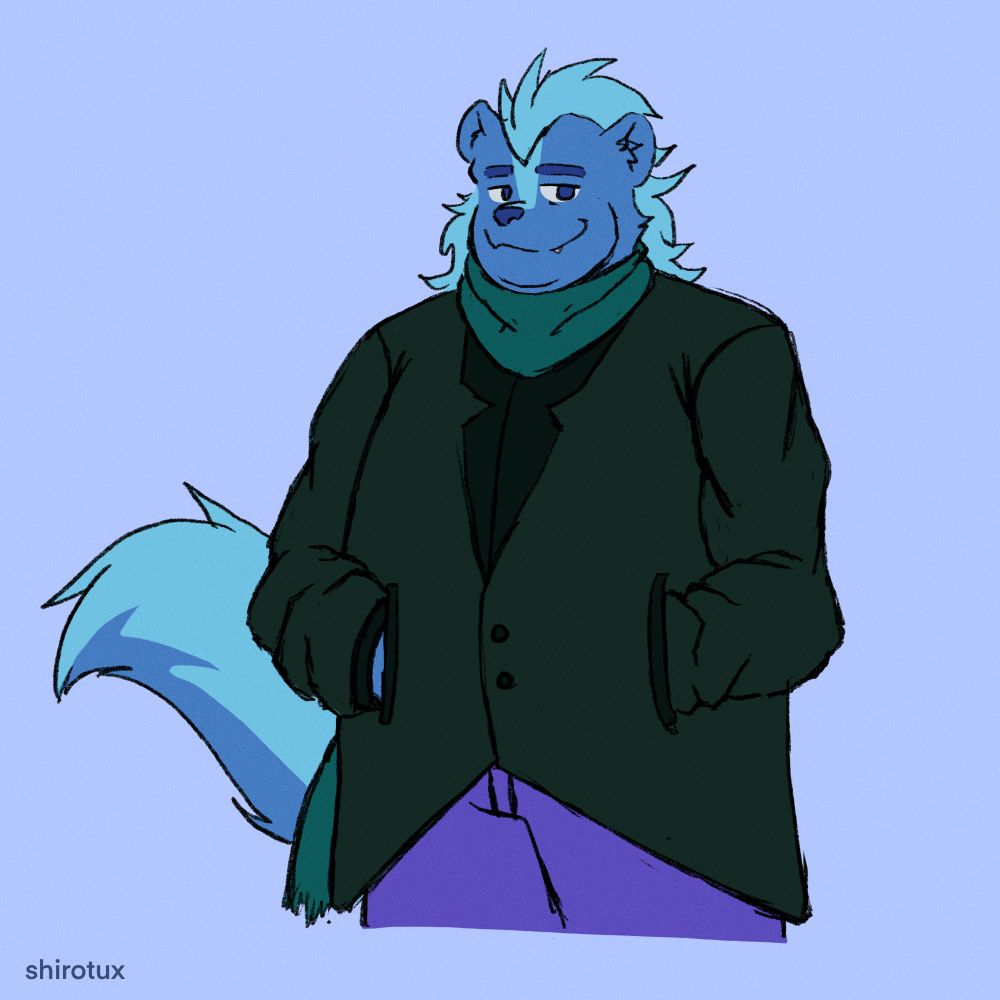 A skunk character standing with his hands in his jacket pockets.
