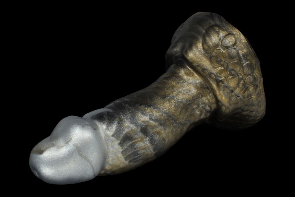 Lycantasy's Slipfin adult toy in a silver, black, and gold marble