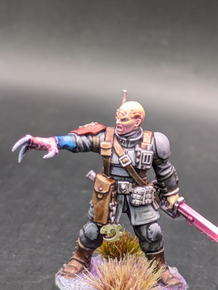 Brood Brothers kill team commission. Grey armor and fatigues scifi soldiers with various weapons and human-tyranid hybrid features. Leader with power sword, pointing with a clawed hand.