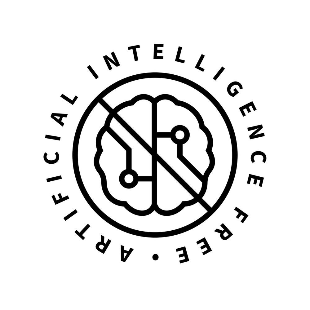 Logo saying “ARTIFICIAL INTELLIGENCE FREE”  around a symbol crossing out a robotic brain vector.