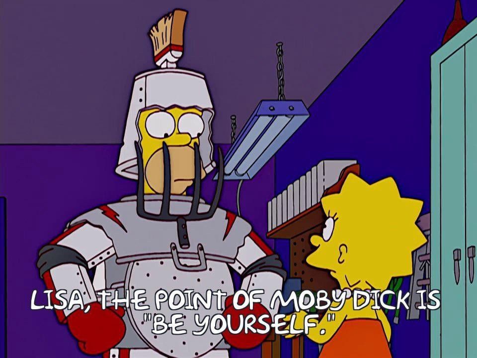 Simpsons screenshot, Homer in makeshift armor condescendingly telling Lisa "Lisa, the point if Moby Dick is be yourself."