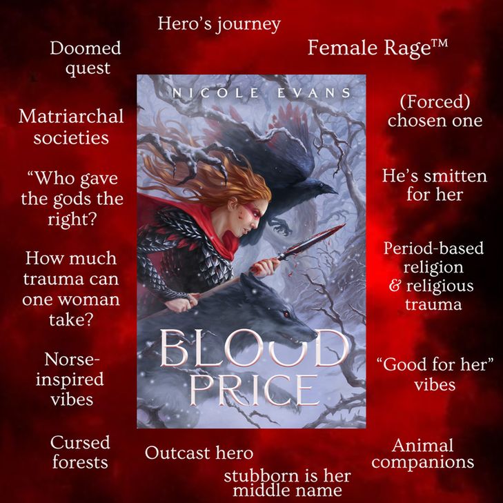A trope graphic on a black and red smoky background with the cover of the epic feminist fantasy novel Blood Price by Nicole Evans in the center, with 13 tropes written in white text surrounding it.