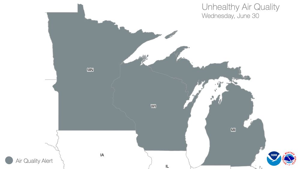 Map showing air quality alerts for Wednesday, June 30, with unhealthy air quality across Minnesota, Wisconsin, and Michigan.

