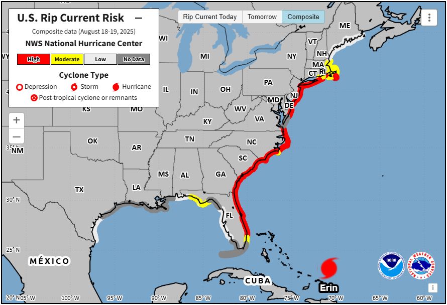 Map of the U.S. rip current risk from Florida to Maine. A majority of the Atlantic coastline is colored red, designating a "high risk" of rip currents this week.