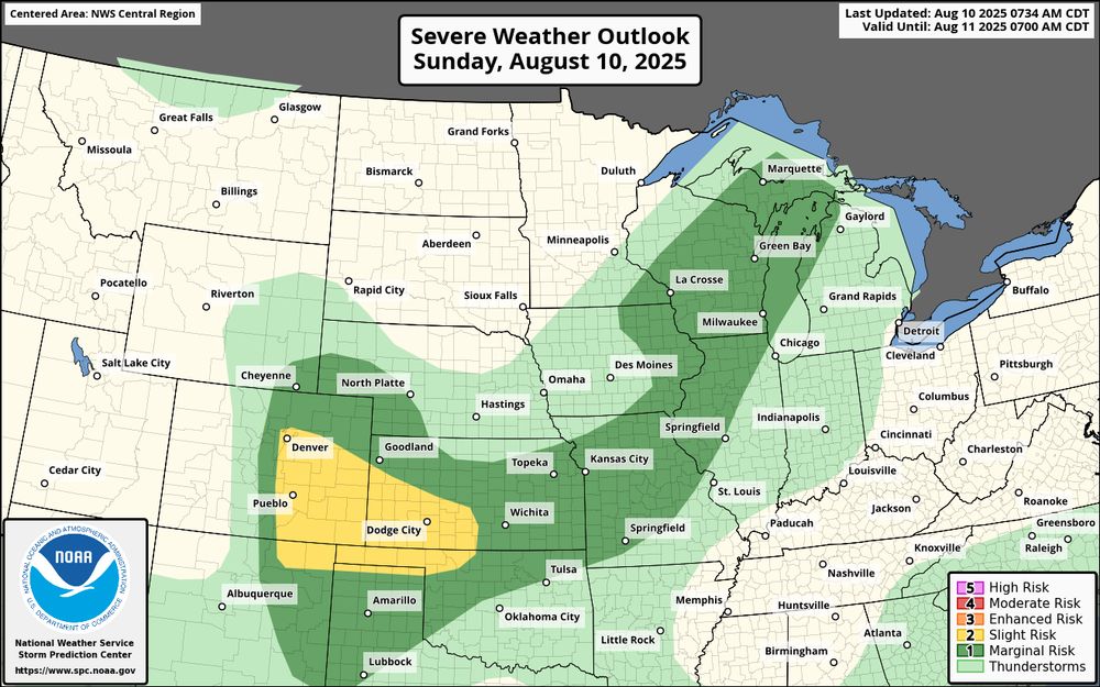 Map showing severe weather outlook for Sunday, August 10, 2025, with a slight risk in parts of eastern Colorado and western Kansas, and a broader marginal risk from the central Plains to the Great Lakes.