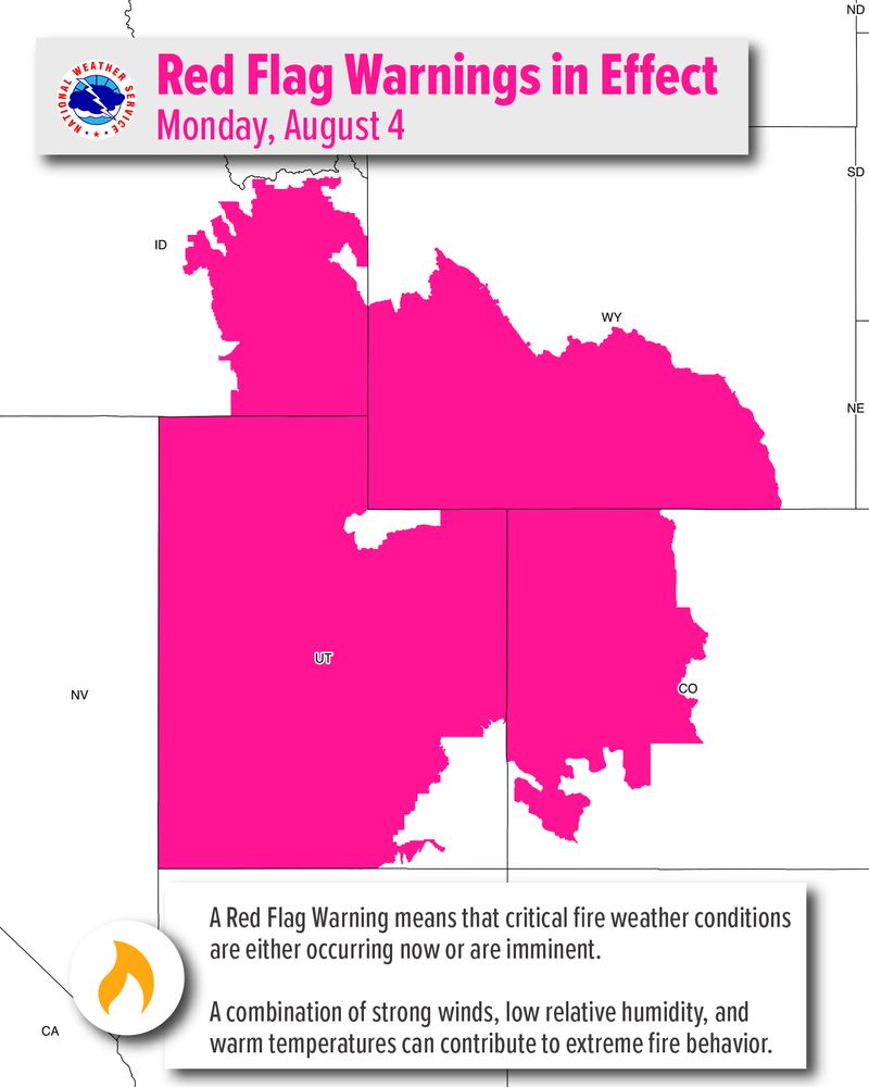 Map of Red Flag Warnings across Utah, western Colorado, Wyoming and southeast Idaho for Monday, August 4.