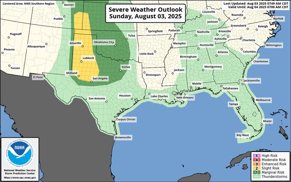 A Severe Weather Outlook map for Sunday, August 03, 2025, shows a widespread area of "Slight Risk" (level 2) for severe weather across the Southern U.S., from Texas to the Carolinas and Florida. A more significant "Enhanced Risk" (level 3) is focused on the Texas and Oklahoma panhandles, with a small "Moderate Risk" (level 4) zone within that area in the northern Texas Panhandle.