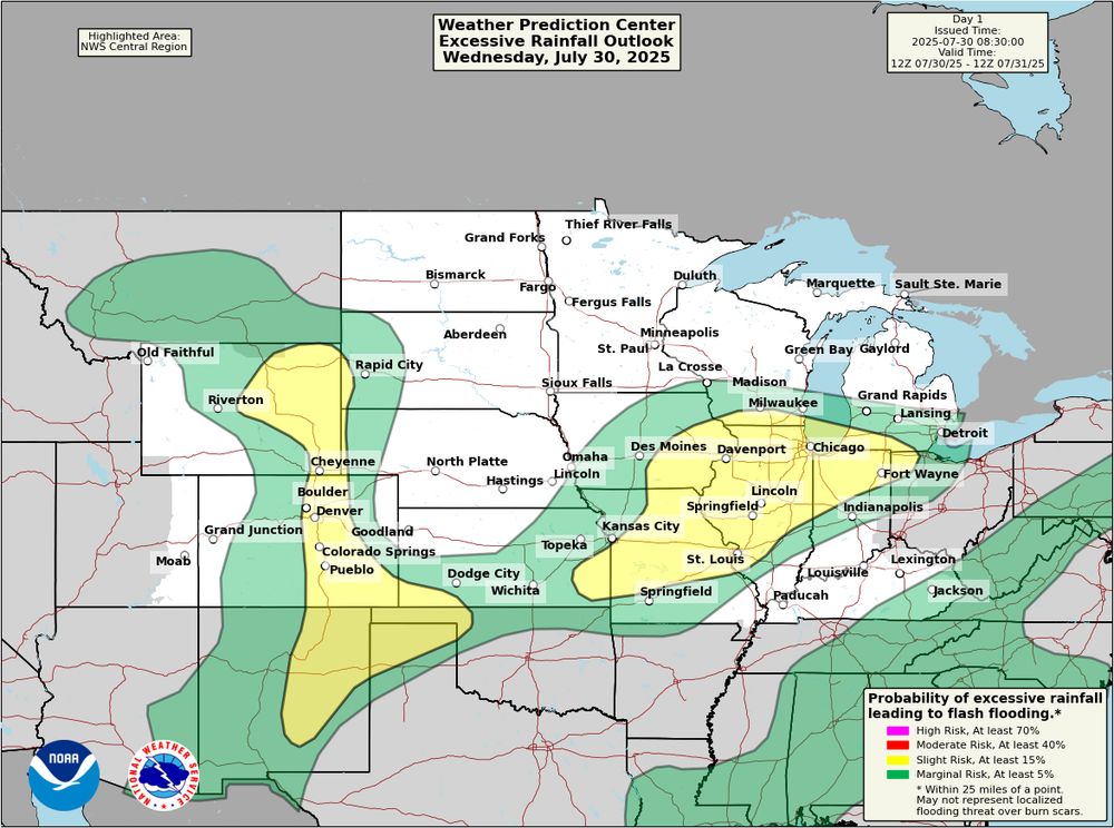 Map showing the Weather Prediction Center's excessive rainfall outlook for July 30, 2025, with slight (yellow) and marginal (green) risk areas for flash flooding across parts of the Central U.S., including Colorado, Missouri, and Illinois.
