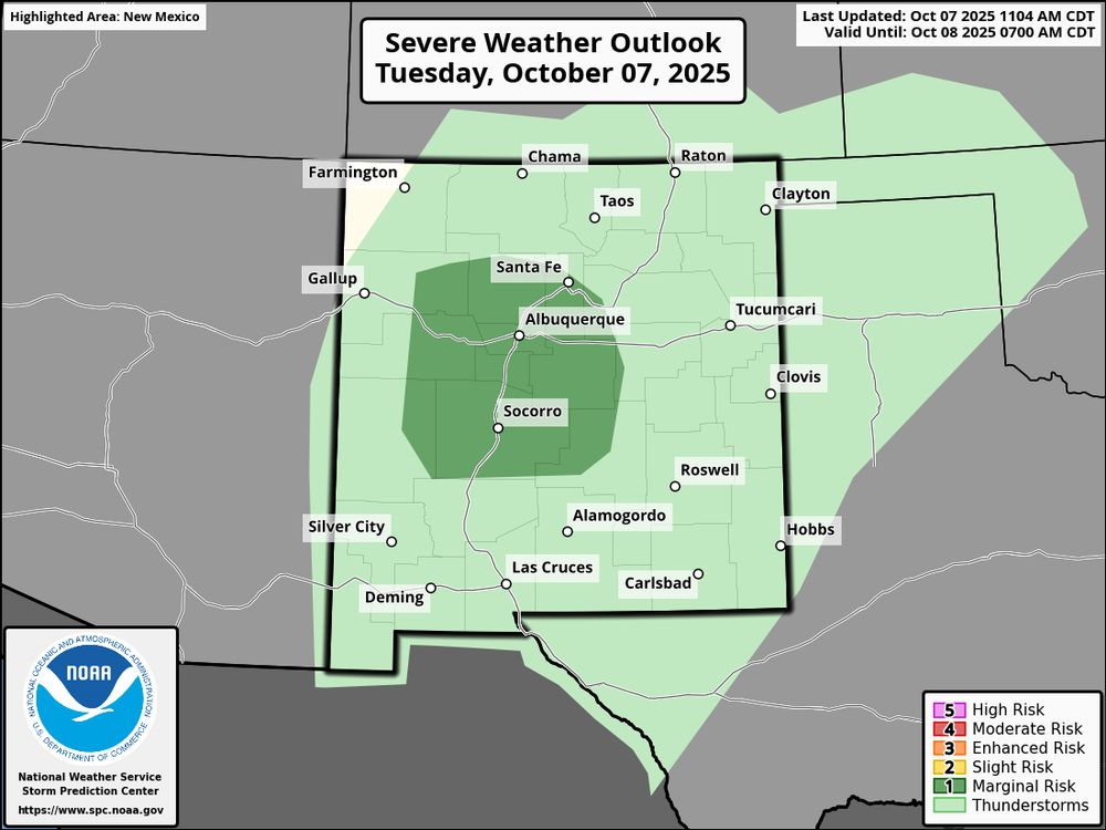SPC Day 1 Severe Weather Outlook that highlights the Marginal scattered thunderstorms threat across parts of central New Mexico.