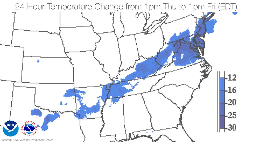 Map showing 24-hour temperature drops from 1pm Thursday to 1pm Friday (EDT), with the largest decreases (up to 30°F) in the central Appalachians and Mid-Atlantic