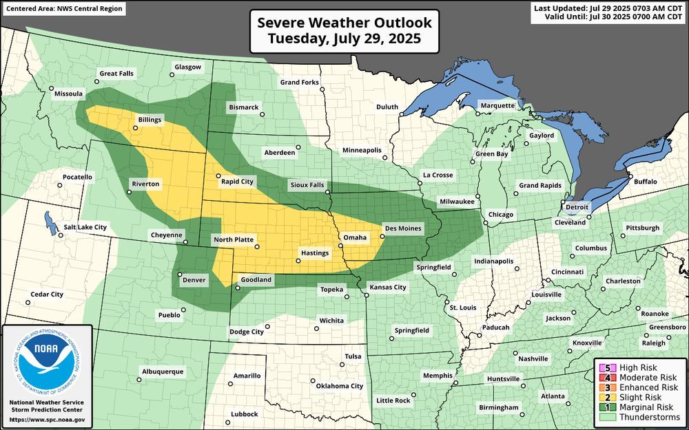 Severe weather outlook for Tuesday, July 29, 2025, showing a slight risk (yellow) from eastern Montana through Nebraska to western Iowa. Marginal risk (dark green) surrounds this area, with general thunderstorms (light green) expected across much of the central and eastern U.S.