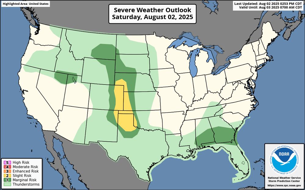 A U.S. map showing a severe weather outlook for Saturday, August 2, 2025. A 'slight risk' (level 2 of 5) of severe weather is shown in a broad area that includes much of the central and southern High Plains, extending from portions of western South Dakota down through western Nebraska, eastern Colorado, western Kansas, the Texas Panhandle, and central Oklahoma. A smaller, separate area of 'slight risk' is also shown across southern Georgia, southern Alabama, and the Florida Panhandle.