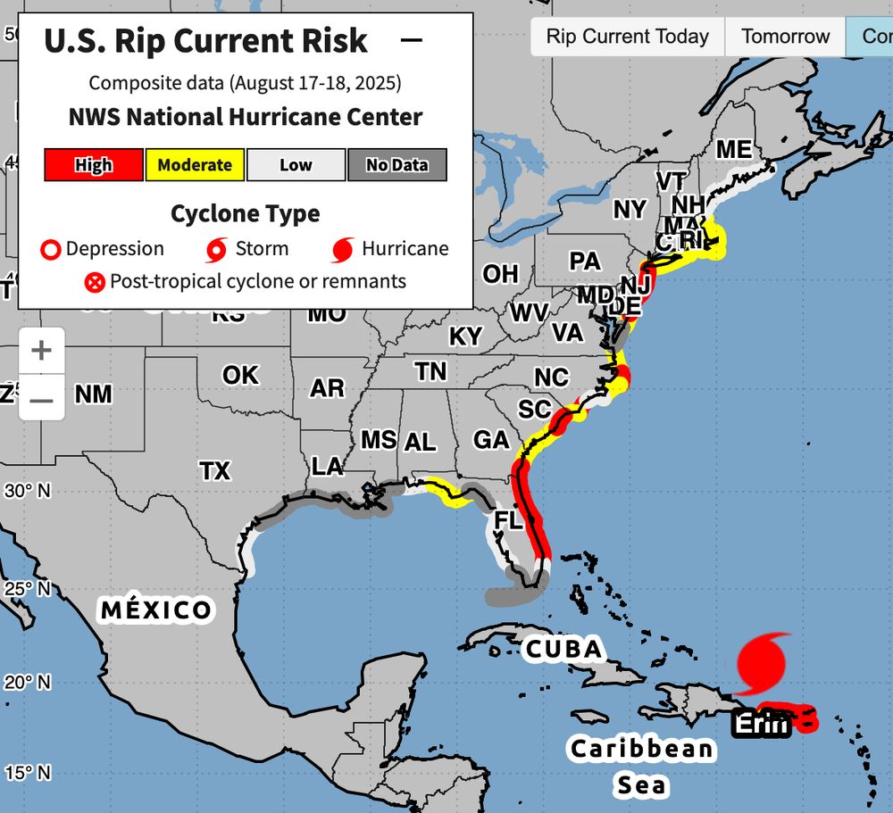 U.S. rip current risk map for August 17–18, 2025, showing high risk along much of the Florida and mid-Atlantic coasts, moderate risk for parts of the Southeast and Northeast, and lower risks elsewhere. Hurricane Erin is shown in the Caribbean as the source of elevated rip current danger.