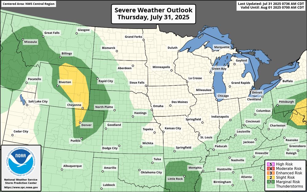 Slight risk of severe storms in parts of Wyoming, Colorado, and western Nebraska. Marginal risk extends from Utah to Missouri and into the Northern Plains.