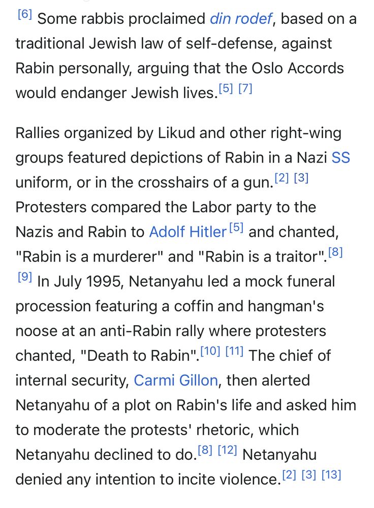 Wikipedia screenshot describing Netanyahu’s support for violent symbolism and demonstrations against Prime Minister Yitzhak Rabin in the months preceding his assassination.