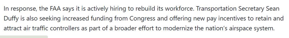 Screen shot from an article stating that Transportation Secretary Sean Duffy is now trying to hire new employees for the FAA due to safety concerns.