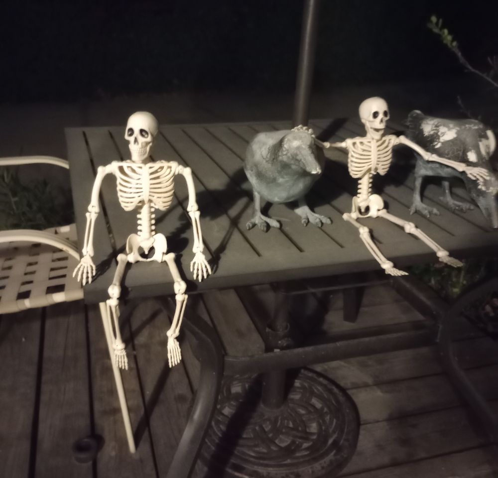Here's a lovely pic of two bone buddies sitting on an outdoor table. One is sitting at the edge. The other is sitting on the table with his hands on two crow statues.