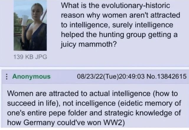 A meme showing a question and response from an online forum. The question reads: "What is the evolutionary-historic reason why women aren't attracted to intelligence, surely intelligence helped the hunting group getting a juicy mammoth?" The response says: "Women are attracted to actual intelligence (how to succeed in life), not incelligence (eidetic memory of one's entire pepe folder and strategic knowledge of how Germany could've won WW2)." The top of the image includes a small photo of a woman holding a cup, wearing a black top.