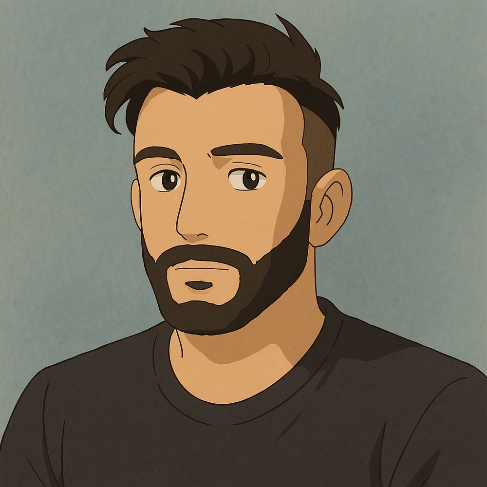 A Studio Ghibli-styled portrait of a man. He's wearing a black t-shirt, has a beard, and sports a 1-guard fade, with longer hair on the top.