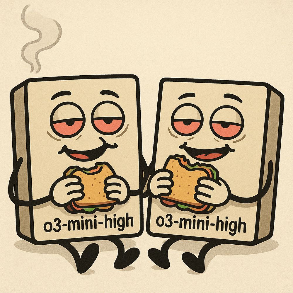 Cartoon illustration of two anthropomorphic rectangular characters labeled "o3-mini-high." Both have droopy red eyes, relaxed expressions, and are happily eating sandwiches. A wavy line of smoke rises above the character on the left, suggesting recent cannabis use. The characters are sitting side by side with legs outstretched and arms touching in a friendly, laid-back manner. The overall vibe is mellow and humorous.