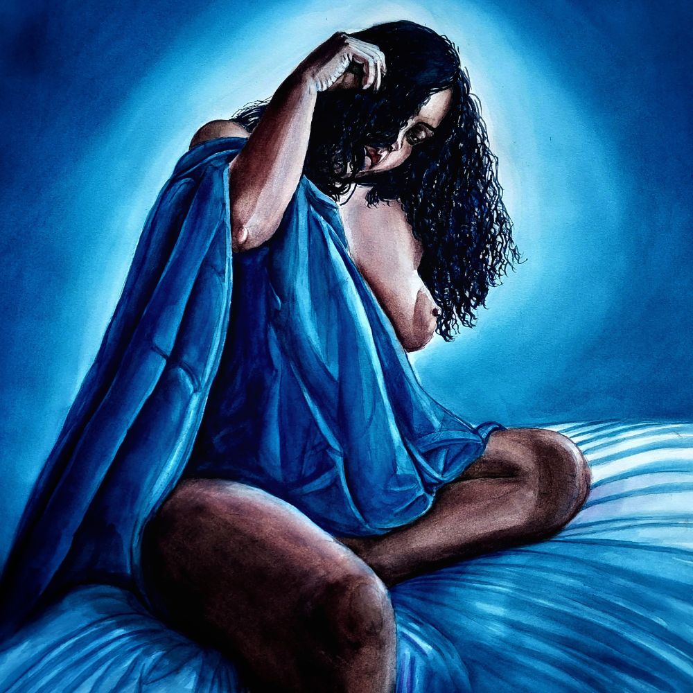 Watercolour on Arches painting of Yesi seated holding blue fabric in crook of elbow.