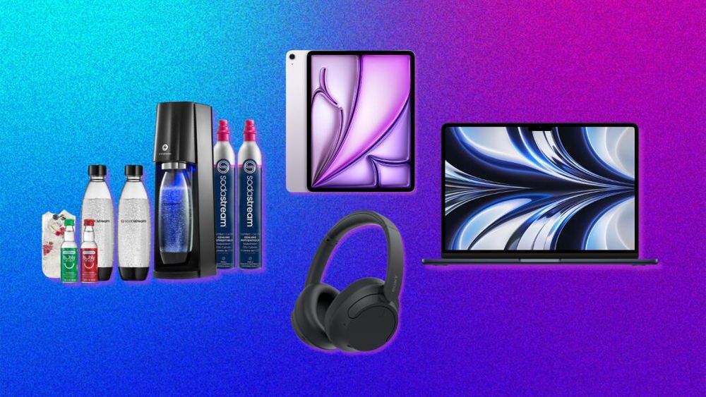 SodaStream E-Terra, iPad Air, MacBook Air, adn Sony headphones with purple and blue background