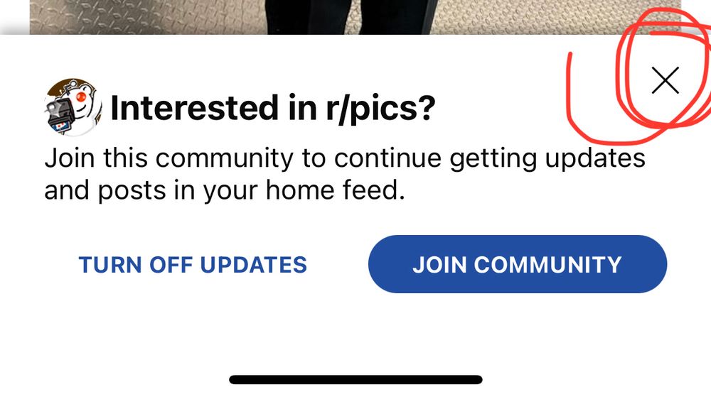 Cropped screenshot of a Reddit dialog, with the ‘X’ close button circled in red.