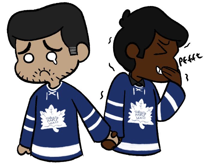 Drawing of Kaidan Alenko and John Shepard. Kaidan is crying. John is holding back a laugh. They are both wearing Toronto Maple Leafs jerseys.