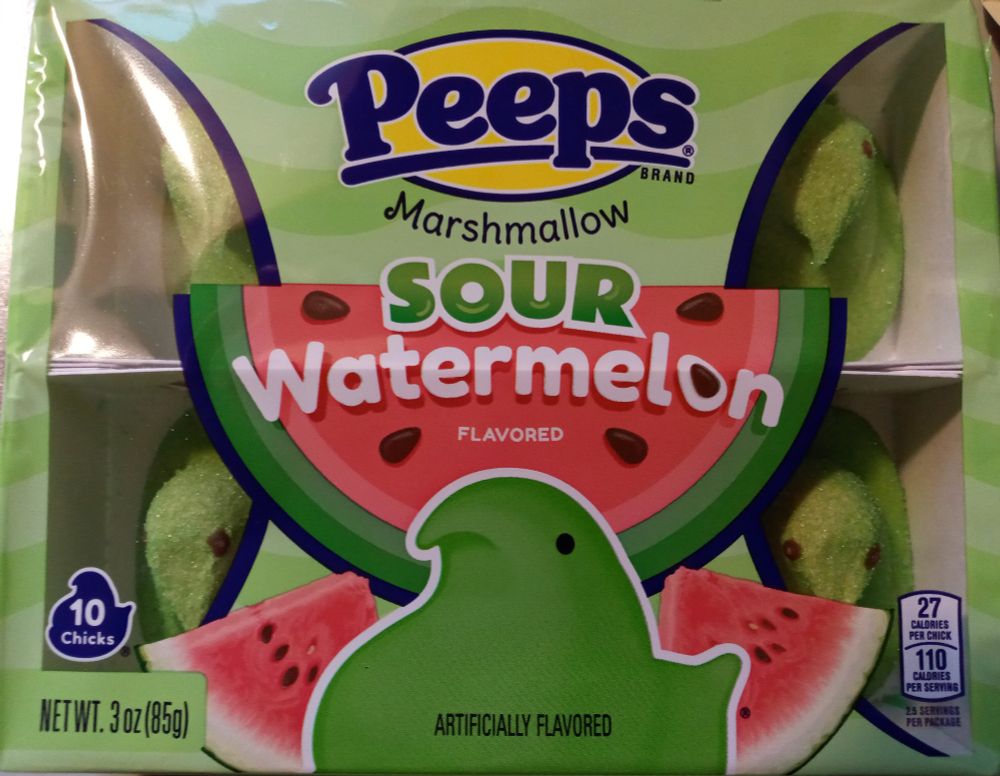 Package of ten Sour Watermelon Peeps Chicks, in two rows of five each.
