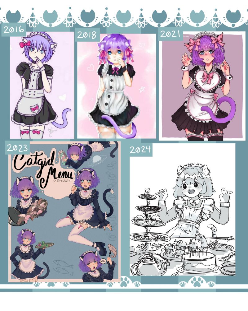 progress drawings from 2016 - 2024

all are the same cat maid girl with purple hair