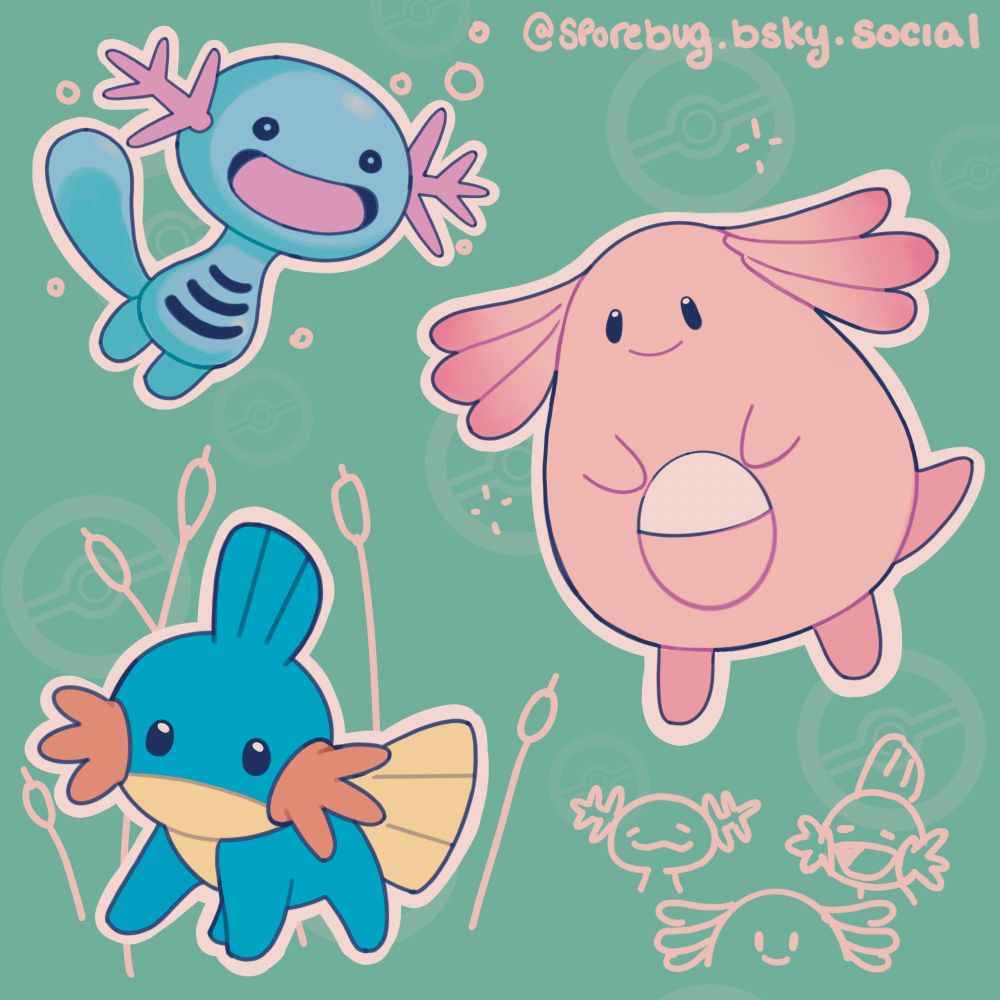 drawing of the pokemon chansey, mudkip, and wooper