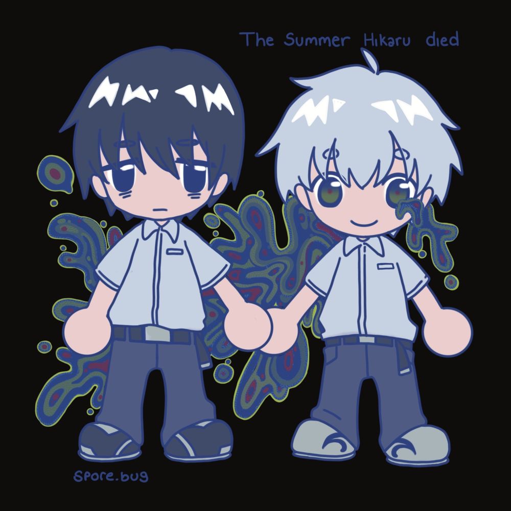 the summer hikaru died fanart. chibi yoshiki and hikaru holding hands. the icky monster stuff is flowing from hikarus eye around and behind both of them.