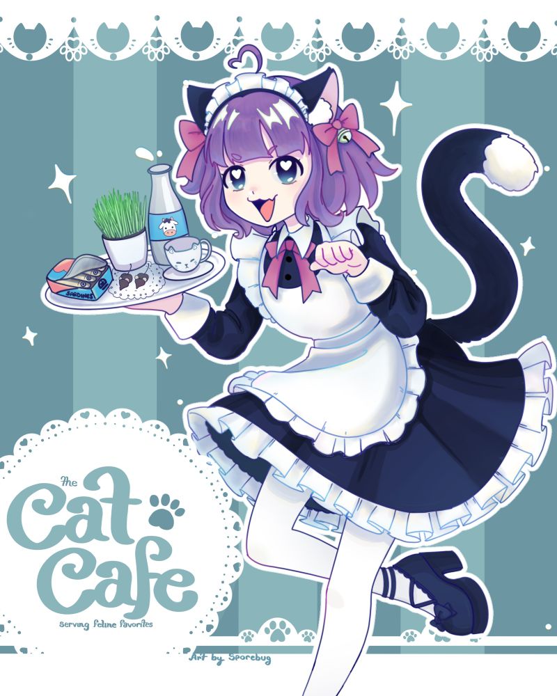 maid cat girl holding a platter with sardines, cat grass, milk, chocolate covered cherry mice, and a cute lil cat cup