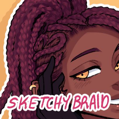 An icon of a Clip Studio Paint brush set titled "SKETCHY BRAID" showing a character with burgundy hair styled into a braided ponytail and dark skin.