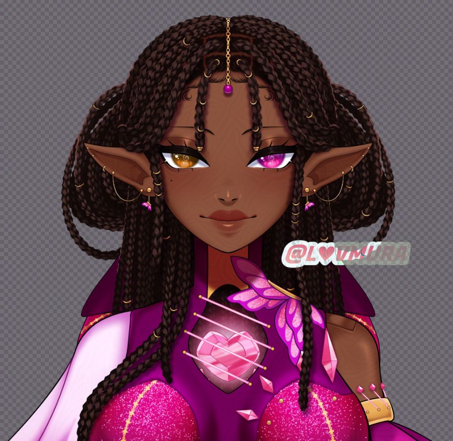 A screenshot of a VTuber model illustration (Nyrlena) with hair drawn using the Clip Studio Paint brushes linked in the post. She has dark skin, dark brown hair in box braids, and a pink outfit on.