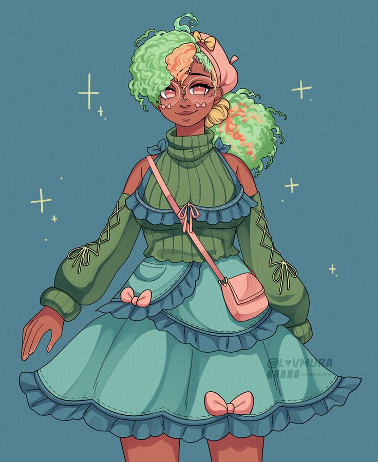 A character illustration on a flat teal background. The character is standing facing forwards with their right arm slightly outstretched to the side and they are smiling neutrally. The character has dark skin and curly light green hair with orange streaks throughout, styled in a large afro ponytail with a yellow scrunchie. The character is wearing a green turtleneck with detached long sleeves that have laces decorating them, a two piece blue apron with dark blue ruffles along the trim and pink bow accents, a pink cross-body bag, pink circle glasses with small bow decorations, and a pink beret with a yellow bow on top. There are many small yellow sparkle shaped doodles around the background. 