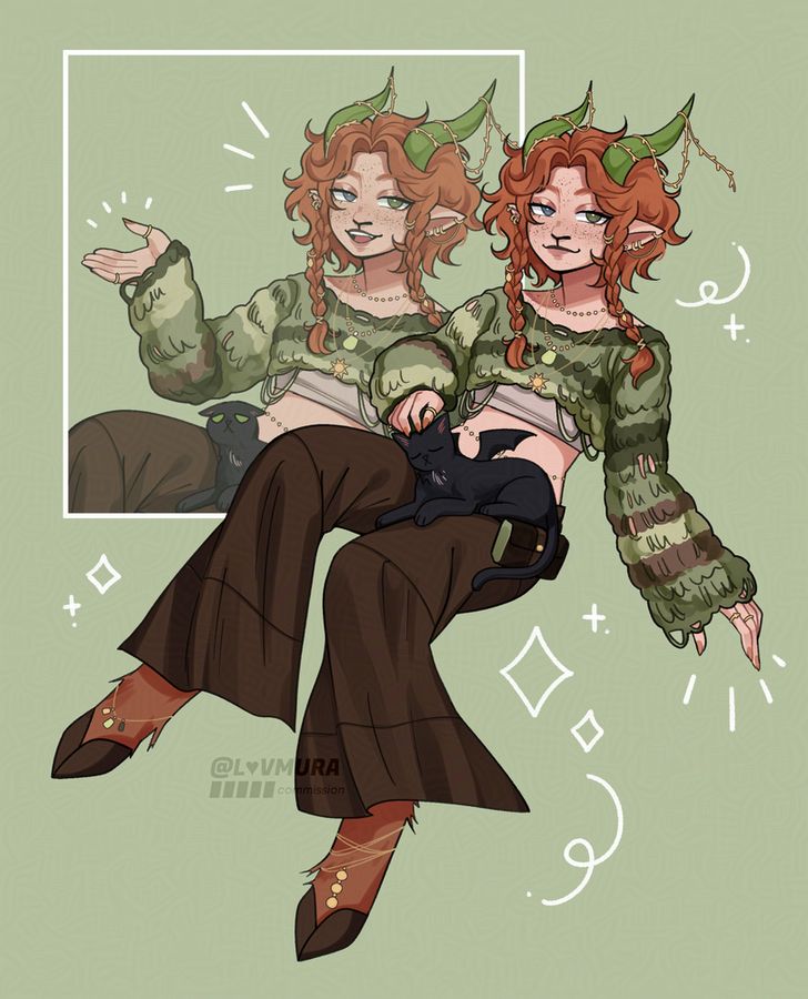 A character illustration of tesscaprine on a light green background. The character is floating in place while petting a black cat in their lap with their right hand and smiling slightly. The character has short, messy, ginger hair with two long braids at the front, pale skin with many freckles, heterochromatic eyes where their left eye is green and the right is blue, pointed green horns that curve backwards from the front of their head, and animal-like hooves with ginger fur. They are wearing a white tank top with a crocheted green sweater on top and flowy brown pants, as well as lots of small gold, green, and white jewelry. The left, cropped illustration of the character shows a version with the character's mouth open and arm raised as if talking and is slightly transparent in a box with a thin white border. There are white sparkle and swirl shaped doodles around the character.