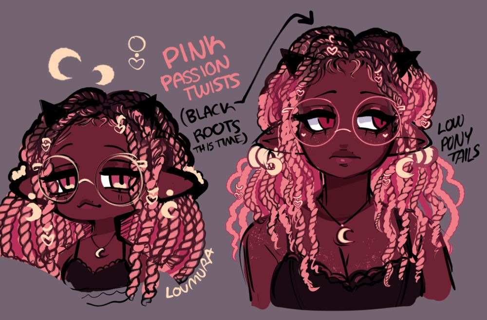 A character illustration on a grey background. The left character art is more chibi stylized than the right with a bigger head and eyes and a rounder face shape. The character has dark skin, pink eyes, and two symmetrical pointed black horns at the top of their head. They have mid length pink hair with black roots that is styled into passion twists. The twists are pulled into two low ponytails with yellow scrunchies. 
