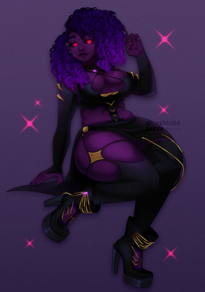 A character illustration of ahsandanovara on a gradient purple background. The character is sitting down with one leg held slightly in the air and holding their left hand up to their face as they look to the right. The character has deep purple skin and bright purple curly hair that is braided back on their right side. They have 2 scar marks on their face and bright red eyes with black sclera. They are wearing a black dress outfit with long black gloves and thigh high black stockings as well as heeled black boots. The outfit has many gold chains and detailing, they are also weaning gold jewelry on their ears and face. There are red sparkles surrounding the character.