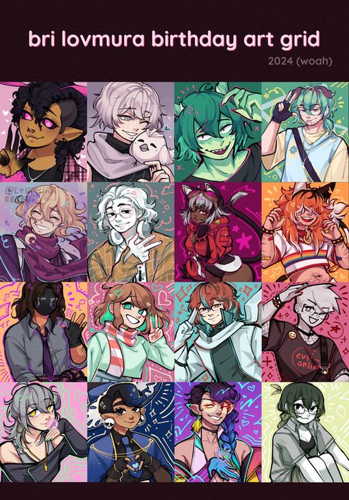 A card titled "bri lovmura birthday art grid 2024 (woah)" with four rows of different colorful character illustrations. 