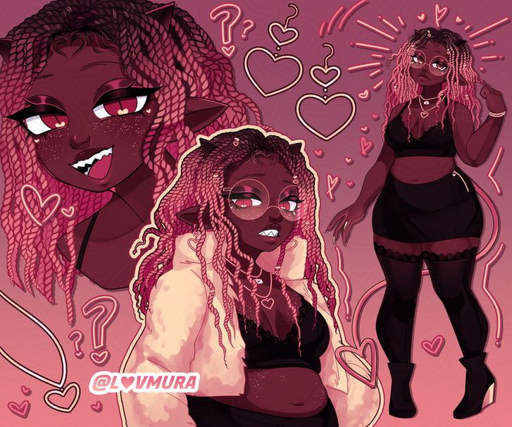A character illustration sheet of LOVMURA. The character is drawn three times on the sheet, from left to right, a portrait, a half body, and a full body. The character has dark skin and pink hair styled in twists which go past her shoulders and are black at the roots. She is wearing a cropped black tanktop with lace trim, a black skirt, black thigh high socks with lace trim, and black ankle boots with yellow platform heels. She also has a fuzzy yellow jacket in one of the illustrations of her. Small details of her gold jewelry are also drawn around the image. 