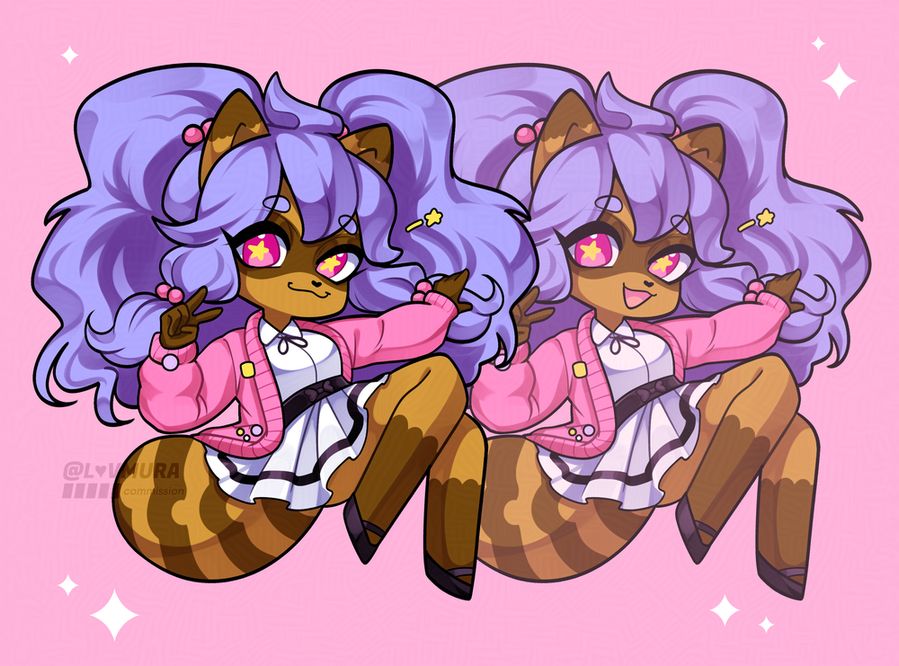 A chibi-styled character illustration on a flat pink background. The character is a tanuki with a large around tail, short pointed ears, lavender hair, and pink eyes with yellow stars in them. They are posing energetically, holding their left arm out and their right hand in a peace sign near their face. Their hair is in two ponytails with pink ponytail holders and they have a leaf-shaped tuft of hair at the top of their head. They are wearing a white shirt with a black ribbon around the collar, a white skirt with a black trim, a black belt with a bow decoration. a pink cardigan with pins decorating it, and black shoes. The right version of the image has the character's mouth open as if talking and is slightly transparent. White sparkles decorate the edge of the image.