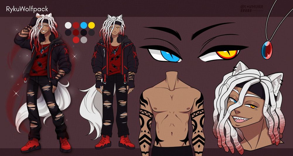 A character reference sheet for RykuWolfPack on a burgundy rectangle with a dark burgundy background showing on the top and bottom of the sheet. The character sheet shows two front-facing full body illustrations of the character, where the left-most one has them posing with their right hand behind their head and their left hand on their hip while smiling, as well as an illustration of the character’s eyes, upper body which shows their tattoos, and an expression in which the character is open-mouth smiling. The upper right corner of the sheet shows the character’s necklace which has a stone that is split colored blue and red. The character has tan skin and shoulder-length white hair styled in locs which gradients to red at the ends. They have white wolf ears and a white wolf tail. The character has heterochromia in which their right eye is blue and their left eye is yellow with a red ring on the outer edge.  The character is wearing a black and red outfit.