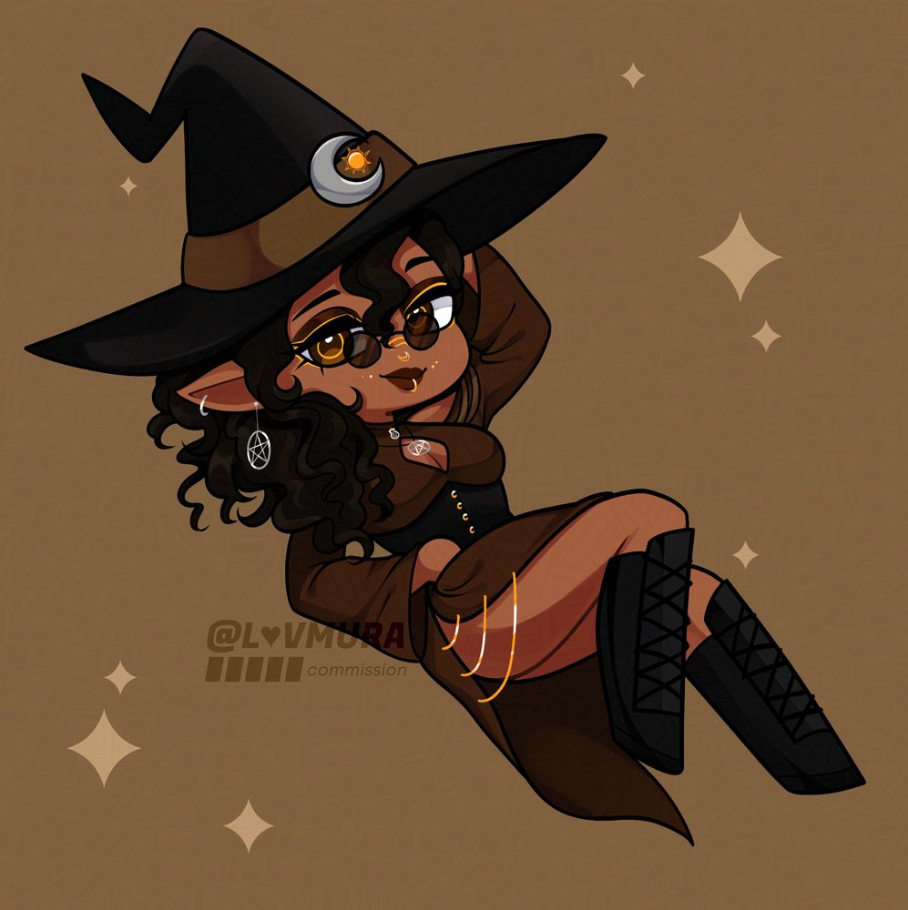 A chibi-styled character illustration on a flat brown background. The character is lounging backwards with their right hand resting on their hip and their left hand up behind their head while smiling and looking at the viewer. The character has dark skin, curly long black hair, and brown eyes with gold highlights. They are wearing a long sleeved brown dress with a black corset layered on top of it, kneed high laced black boots, small black sunglasses, and a black witch hat with a brown band which has a sun & moon pendant on it. The character is also wearing various silver and gold accessories and brown and gold makeup. The character is surrounded by small tan sparkles.