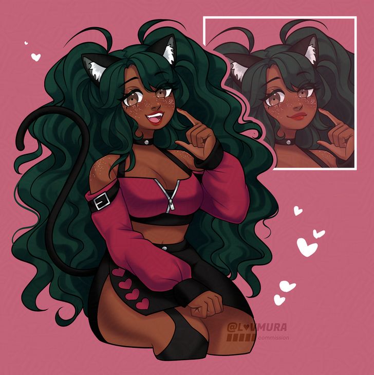 A character illustration of Tatters on a dark pink background. The character is sitting down facing the right while holding their left hand up to their face, their index finger touching their cheek. Their right hand sits in their lap and they have their mouth open, smiling as if talking. The character has dark skin with white freckles, back length curly green hair styled in two ponytails, black cat ears with white inner fur and a black cat tail. They are wearing a red colored cropped top with black trim and belts and long red sleeves, a black shirt with a split on the thigh and heart patterning, and black stockings. They are wearing red lipstick and nail polish. The right, cropped illustration of the character shows a version with the character's mouth closed as if done talking and is slightly transparent in a box with a thin white border. There are white heart shaped doodles around the character.