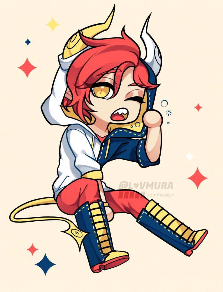 A chibi-styled character illustration on a light yellow background. The character is sitting down with their left arm in front of them and their right hand being held up to their face as they are yawning with one eye closed. The character has pale skin, bright red hair, and yellow eyes. They have two symmetrical pointed curved horns on either side of their head where their right one is yellow, their left one is white, and they both have a small target shaped symbol in the middle of them. They have a long pointed yellow tail which also has the same symbol on it's end. The character is wearing a split colored white and navy hoodie with the hood up, red pants, and navy and yellow boots with red soles. The character is surrounded by white, yellow, red, and navy sparkles.
