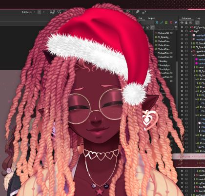A screenshot of LOVMURA with her eyes closed and wearing a red xmas hat.