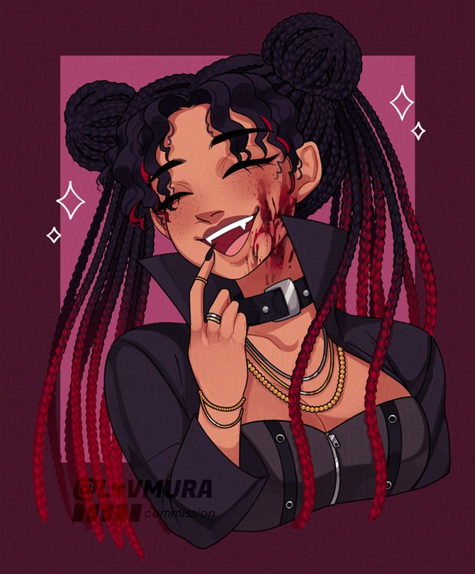 A character portrait on a dark red background. The character is smiling as if laughing while holding a finger up to their lips with their eyes closed happily. The character has tan skin, freckles, and black hair styled in braided Sailor Moon buns which ombres into red at the ends. They have blood splattered across the left side of their face. They are wearing a black top with belted accents, a black jacket with a tall collar, and a black choker with a silver buckle. They are wearing various gold and silver jewelry. 