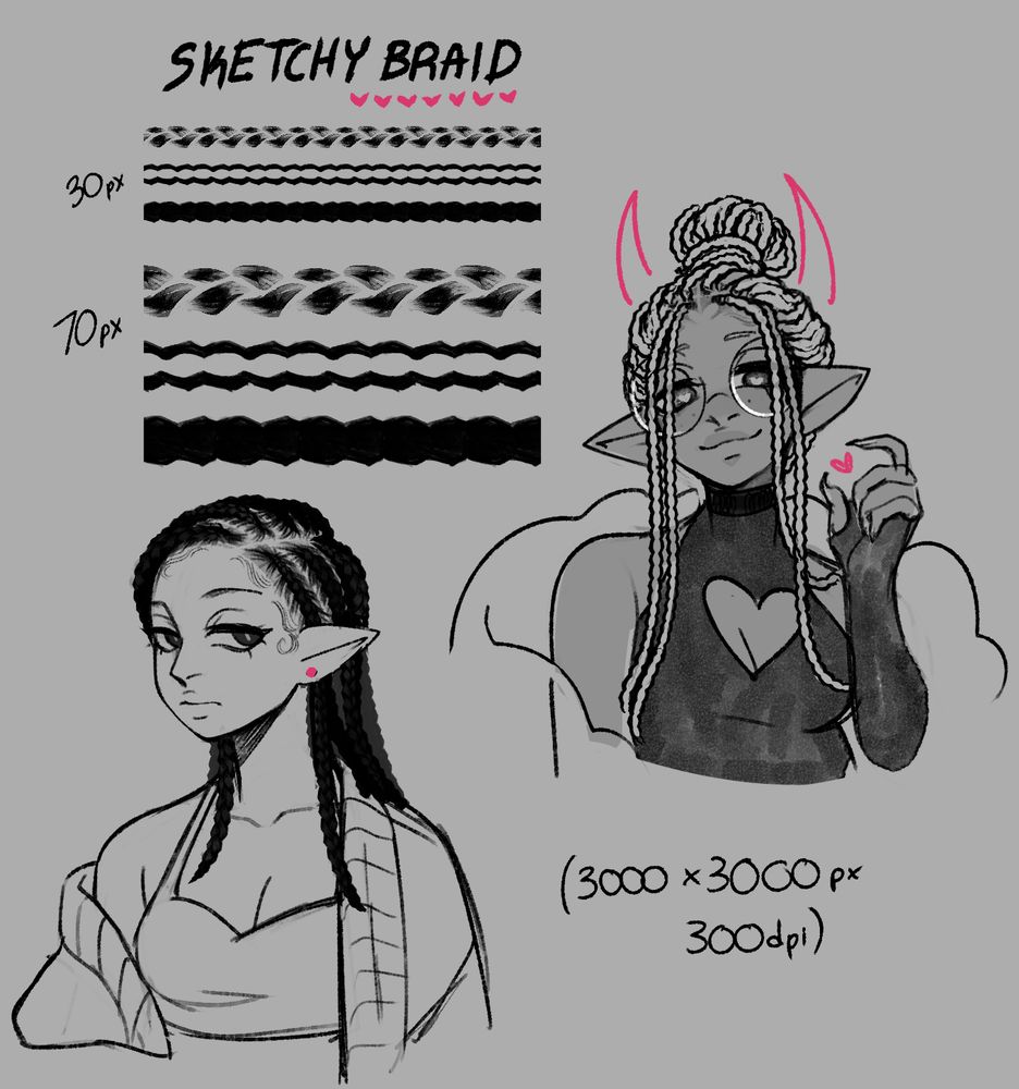 A screenshot of a Clip Studio Paint brush sample page. It shows the different brushes in the brush set at various pixel sizes as well as 2 example drawings using the brushes.